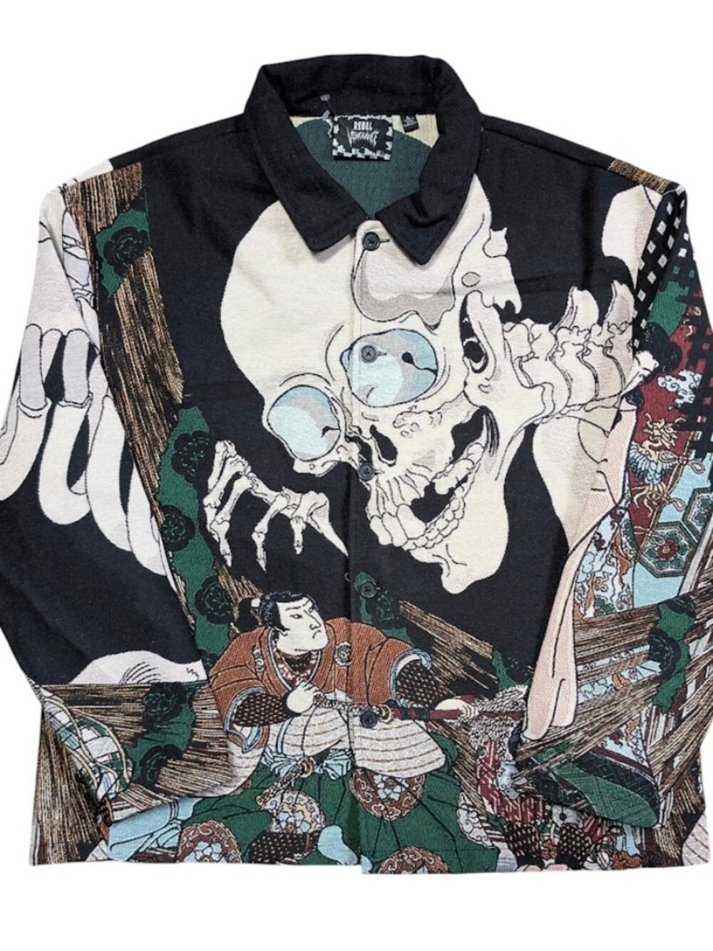 Rebel Vengeance Japanese Ukiyo-e Mens Size L Skeleton Tapestry Jacket Shacket